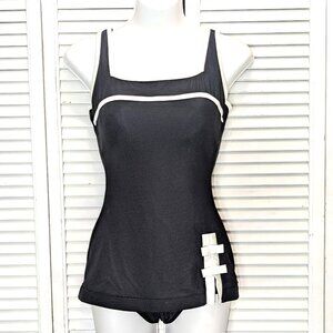 IT FIGURES Black One Piece Swimsuit Dress Modest 80s Size 10 White Bows